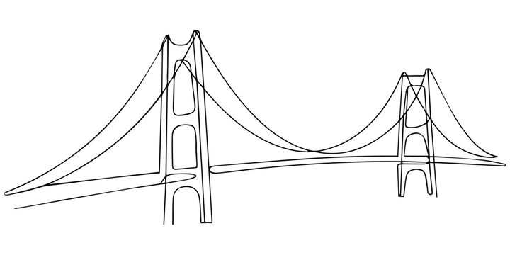 bridge over the river, Silent bridge passage. Minimalistic one-line drawing minimal bridge arch with calm flowing, Suspension bridge one line drawing, concept of connection, progress, and engineering 