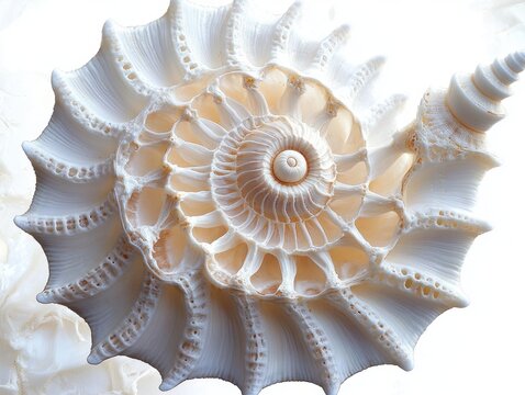 Delicate creamy white spiral seashell with intricate lace-like interior, radiating ridges and organic symmetrical pattern conveying calm elegance