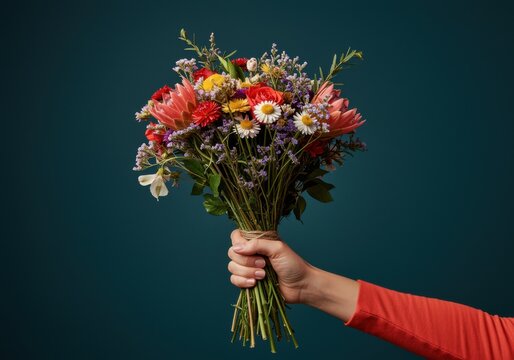A colorful wildflower bouquet held by a hand against a teal background for floral shop branding, spring gift advertising and botanical greeting card design