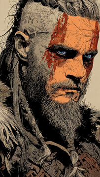 Fierce viking warrior with blue eyes and war paint, traditional comic book style illustration, brave norseman portrait.