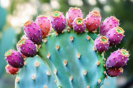 vibrant crown of purple prickly pear fruits arcing over a green cactus pad, close-up with tiny spines and soft bokeh, playful vivid botanical detail