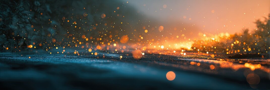 Misty outdoor scene with soft glow from warm lights illuminating the dark landscape