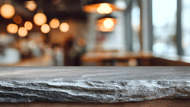 Rustic dark stone countertop with a blurred, warm lit cafe interior in the background, creating an inviting atmosphere perfect for product display or food photography