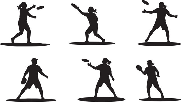 Black Solid Beach Frisbee Palm Silhouettes Set of Six on White Background