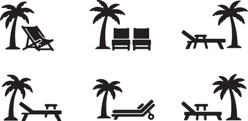 Fototapeta premium Black Solid Beach Lounge Palm Scene Silhouettes Set of Six on White Background