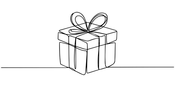 gift box continuous one line drawing, Holiday Gift Box. Minimalistic one-line drawing square box with decorative bow symbolizing holiday presents, continuous single black line on white background