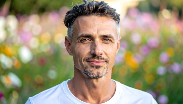 Man with salt and pepper hair smiles in front of a field of blurred colorful flowers