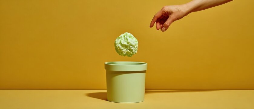 A sage green crumpled paper ball falling into a waste bin for office management editorial, waste reduction articles and workplace organization concept styling