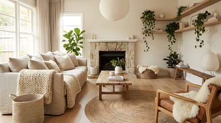 Fototapeta premium A serene neutral toned living room features a comfortable sofa natural wood coffee table and stone fireplace