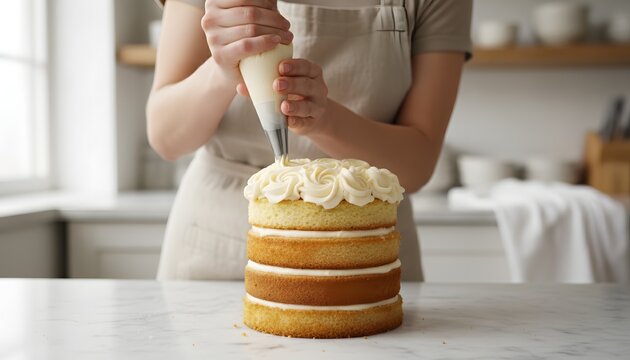 Professional female baker decorating cake with white frosting rosettes in a bright kitchen, showcasing culinary skill and creative pastry art for a bakery business concept