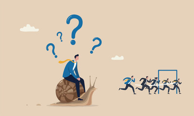 Slow,meeting businessman idiot leader riding slow snail never reach goal, losing competition © Hanufa