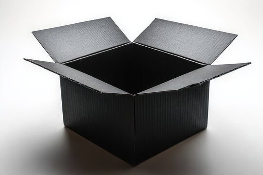 Open black corrugated cardboard box on white background with dramatic lighting, deep shadows and a minimal, mysterious feeling of anticipation and empty space