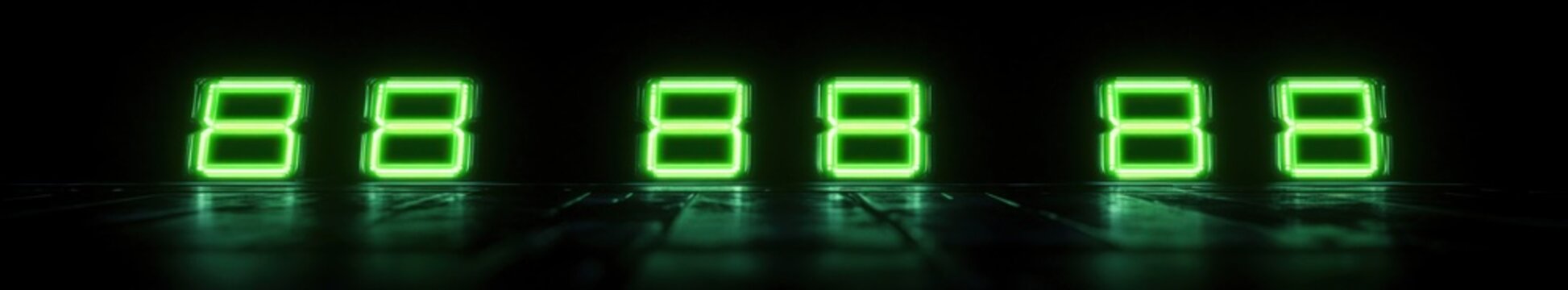 row of glowing green seven-segment eights on a reflective dark floor, futuristic and moody neon electronic display
