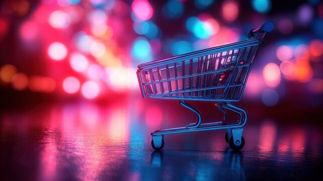 a solitary empty shopping cart on a glossy reflective floor bathed in neon pink, blue, and purple bokeh lights conveying a futuristic dreamy mood