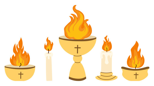 Set of burning candles and chalices with Christian crosses, perfect for First Communion invitations, Easter vigil posters, church bulletins and religious ceremony designs