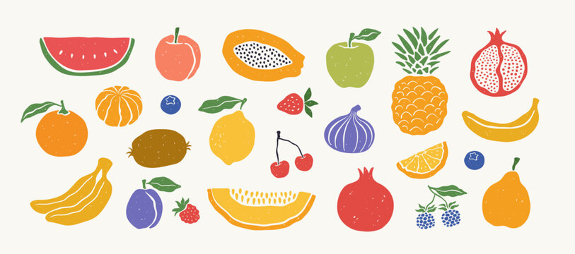 Hand drawn abstract set of fruits. Apple, watermelon, pomegranate, papaya, banana, melon, pear, lemon, orange, strawberry, blueberry, blackberry, raspberry, plum, pineapple, peach, fig.