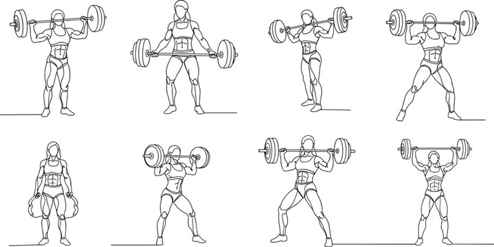 Weightlifting Exercise Illustration Set Featuring Strongman Lifting Barbell in Various Poses for Fitness and Sports Design