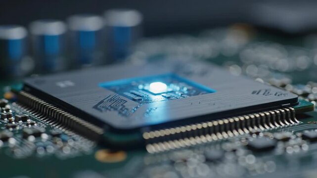 Ai chip glowing microprocessor on circuit board close up showing electronic component motherboard with glowing processor chip and modern technology