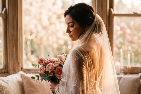Profile of a bride in a lace dress holding a pink flower bouquet in front of a window for wedding editorials, bridal magazine portraits and romantic event invitation design