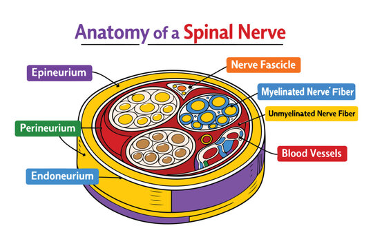 Anatomy diagram of a cross-section spinal nerve with labeled parts Vector