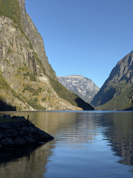 Gudvangen Norway -  a cold, blue and clear autumn day by the fjord
