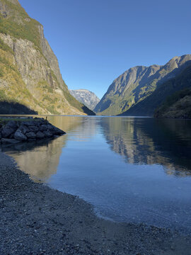 Gudvangen Norway -  a cold, blue and clear autumn day by the fjord