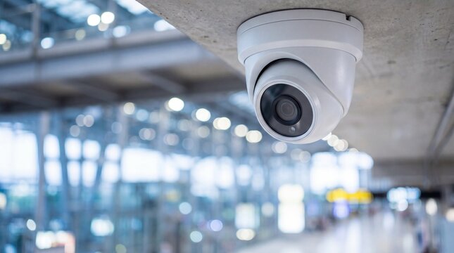 A white surveillance security camera is mounted on a concrete ceiling in a public space