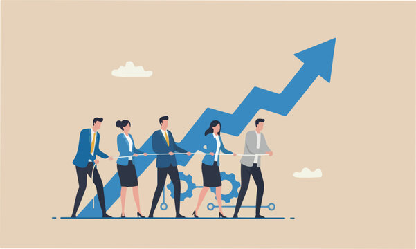 target of businessmen and women office workers help and support to pull arrow meeting teams together rising up