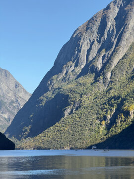Gudvangen Norway -  a cold, blue and clear autumn day by the fjord