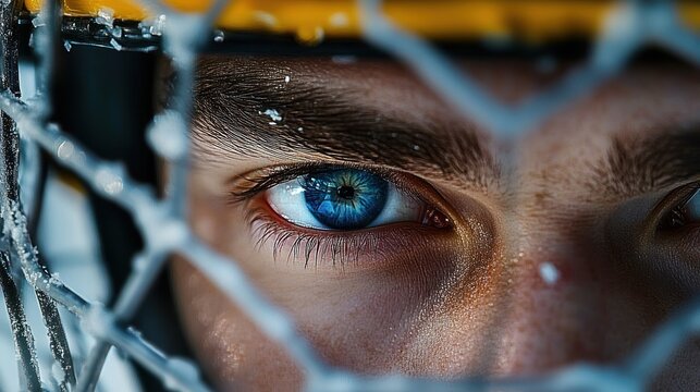 intense blue eye framed by icy metal netting and yellow helmet rim with snow dust on skin, focused determined gaze