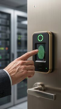 Businessman's finger scanning fingerprint on security access control device in data center