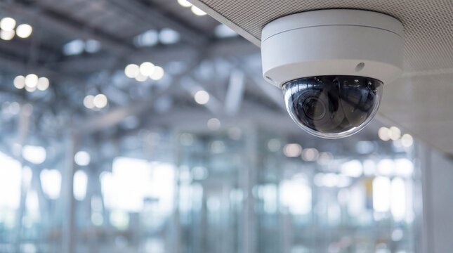 A modern white dome security camera is mounted on a ceiling in a brightly lit, blurred indoor space.