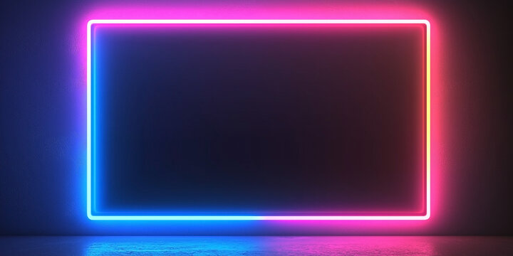 Empty pink neon light frame on a dark concrete wall background.