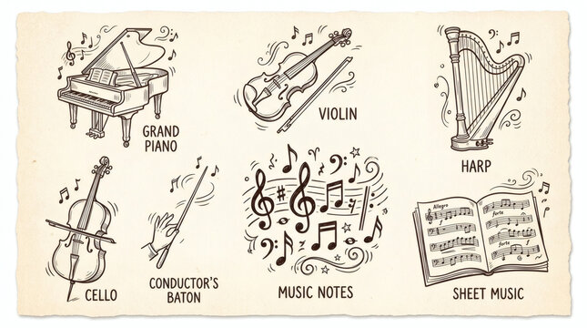 Set of playful hand drawn classical music illustrations. Doodle drawings of grand piano, violin, cello, harp, conductor&rsquo;s baton, sheet music, and orchestral notes. Line art in elegant vintage style.