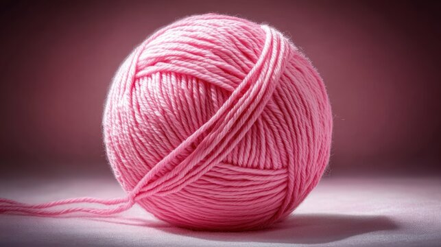 Soft pink ball of yarn with a loose strand on a fabric surface, studio-lit against a warm pink gradient background, evoking cozy calm and gentle creativity
