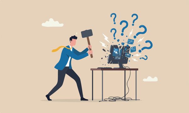 Frustration and chaos from computer problem or tech failure, stressful or anxiety from overworked or disappointment and mistake concept, frustrated businessman hitting to computer with hammer