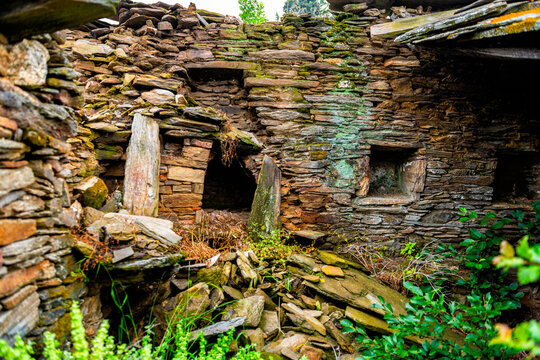 Karavostamo in Ikaria island, Greece abandoned mountain village stone home house at longevity blue zone at old ancient town