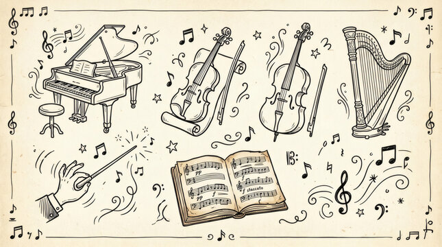 Set of playful hand drawn classical music illustrations. Doodle drawings of grand piano, violin, cello, harp, conductor&rsquo;s baton, sheet music, and orchestral notes. Line art in elegant vintage style.