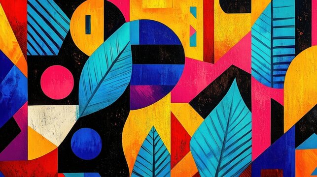 vibrant abstract geometric mural featuring turquoise leaves, bold circles, semicircles, stripes and angular shapes in bright pink, yellow and blue, energetic mood
