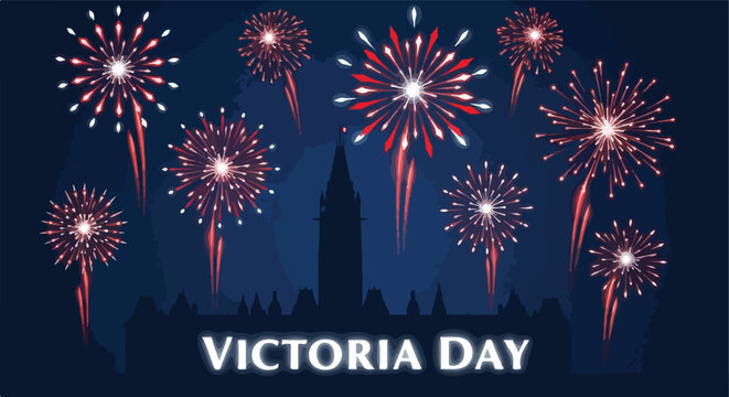 Victoria Day Celebration. Fireworks over Parliament Hill. Vector Illustration. Holiday Graphic Design.