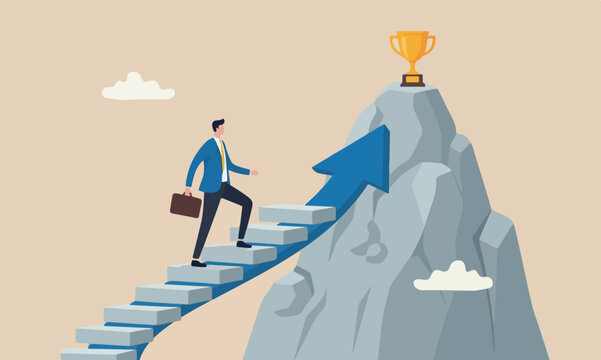 Business staircase mountain peak with rising arrow into high sky to winning trophy the final top section