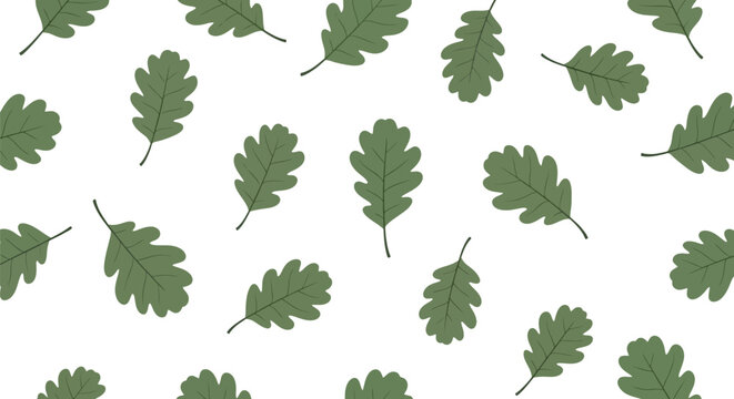 Scattered green oak leaves pattern on white background, simple nature design