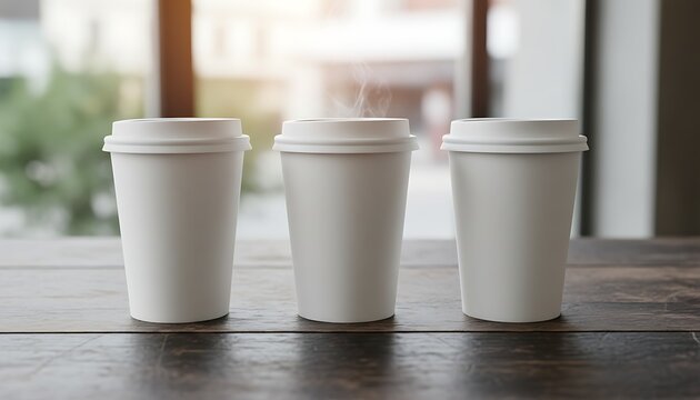 Three white disposable coffee cups on wooden table in cafe