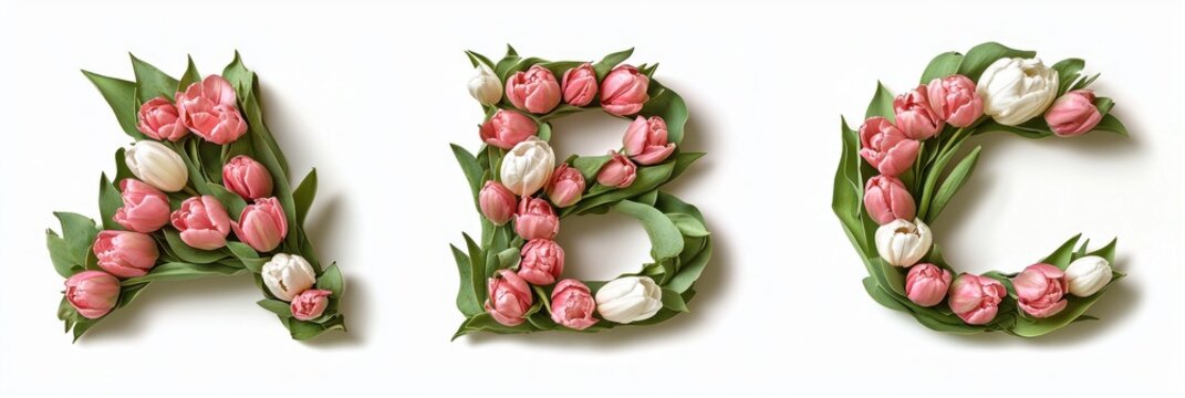 alphabet letters a b c crafted from pink and white tulip blooms and green leaves on white background conveying fresh spring elegance