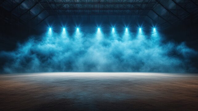 empty industrial arena with blue stage lights piercing thick fog over a bare floor, creating a dramatic, moody, suspenseful atmosphere