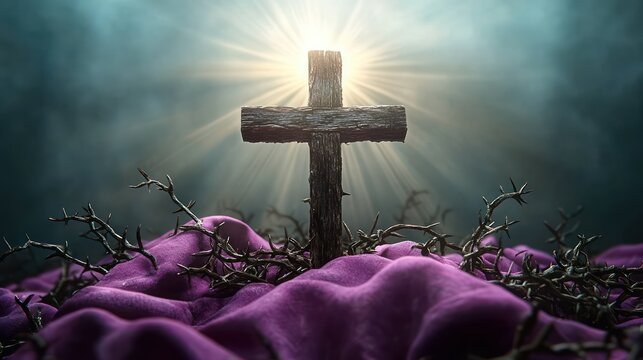 Weathered wooden cross with crown of thorns on draped purple cloth under radiant sunbeams, evoking solemn reverence and hopeful light