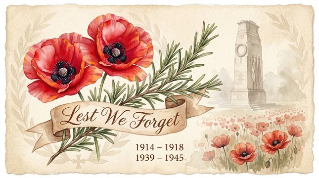 Days of Remembrance and Reconciliation Dedicated to Those Who Perished in the Second World War Poppies and a war memorial with the inscription Lest We Forget honoring fallen soldiers.