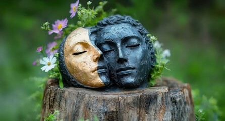 Obraz premium Decorative figurine partially obscured on a weathered tree stump surrounded by delicate white and pink wildflowers in a tranquil green garden