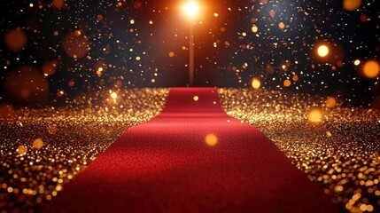 Red carpet pathway under a glowing spotlight with golden glitter and sparkling bokeh conveying glamour and anticipation © zhuan