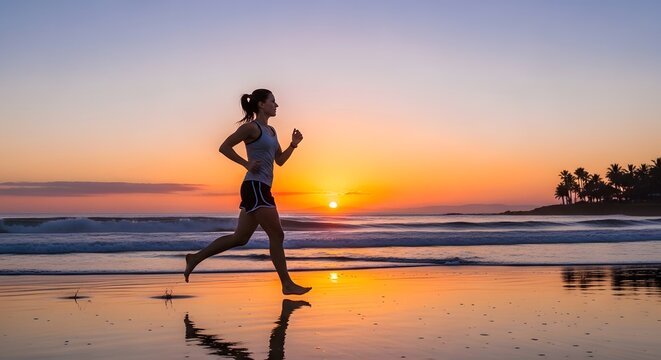 Silhouette of a woman running on a wet beach at sunset with vibrant colors in the sky and ocean reflections